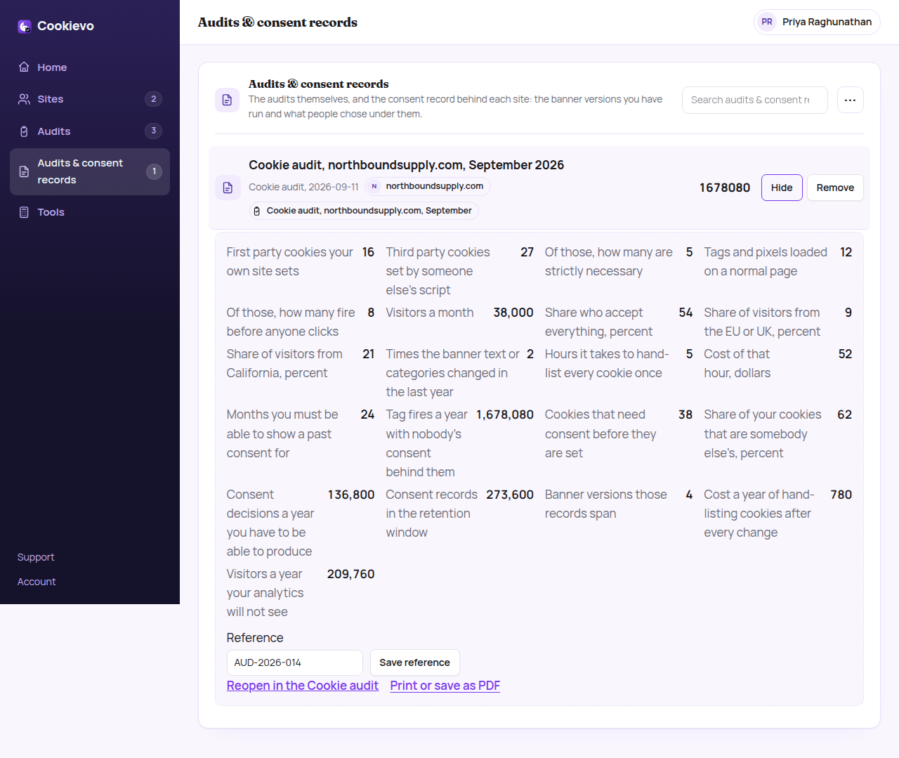 The Cookievo workspace, Audits & consent records tab, with one saved worksheet open: 'Cookie audit, northboundsupply.com, September 2026', numbered AUD-2026-014 and filed against the site northboundsupply.com and the audit 'Cookie audit, northboundsupply.com, September'. All thirteen inputs are shown as saved: 16 first party cookies, 27 third party, 5 strictly necessary, 12 tags of which 8 fire before anyone clicks, 38,000 visitors a month, 54 percent accepting everything, 9 percent EU and 21 percent Californian traffic, 2 banner versions in the last year, 5 hours at $52 to hand-list cookies, and a 24 month retention window. Underneath, the answers the worksheet produced: 1,678,080 tag fires a year with nobody's consent behind them, 38 cookies needing consent, 62 percent of them somebody else's, 136,800 consent decisions a year to be able to produce, 273,600 records in the retention window spanning 4 banner versions, $780 a year of hand-listing, and 209,760 visitors a year the analytics will not see.